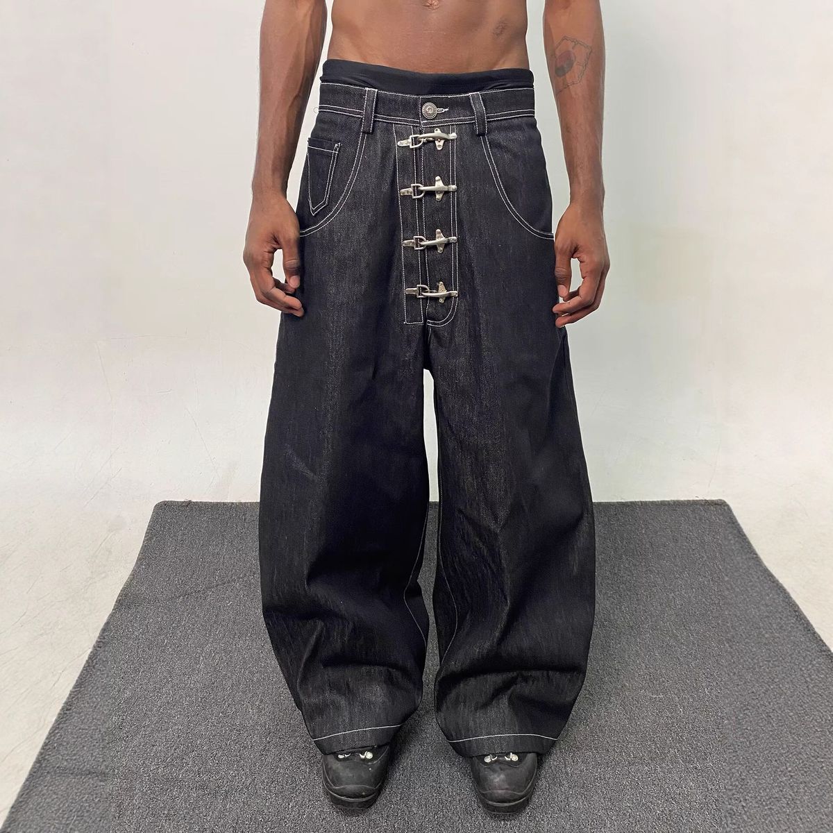 Streetwear Denim Jeans – High-Waisted Baggy Fit With Airplane Buckle, Raw Selvedge & Vintage Wash (S-XXXL, Blue/Black)_mkmklike.com