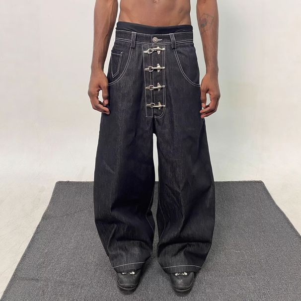 Streetwear Denim Jeans – High-Waisted Baggy Fit With Airplane Buckle, Raw Selvedge & Vintage Wash (S-XXXL, Blue/Black)_mkmklike.com