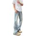 American High Street Vibe High-waisted For Men, Spring Vintage Blue Curved Cut Jeans, Washed Straight-leg Flared Pants_mkmklike.com