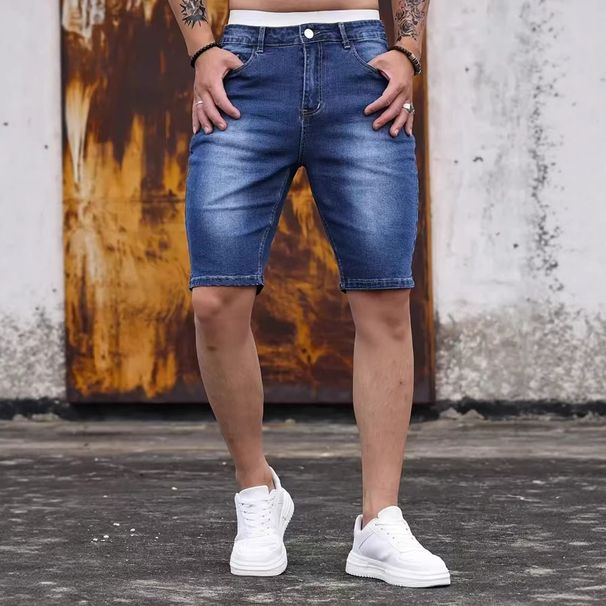 Men's Mid-Length Straight Fit Denim Shorts Washed Blue Cotton Casual Summer Shorts for Teens_mkmklike.com