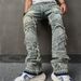 Ripped Men's Jeans With Whiskered Fabric, Stylish Stretch, Loose Fit, Wide-Leg Casual Men's Trousers_mkmklike.com