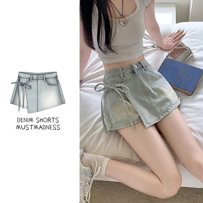 Fake Two Pairs Of Denim Shorts, Women's Summer A-line High Waisted Irregular Western-style Tied Skirt Pants, Small And Spicy Girl Pants_mkmklike.com