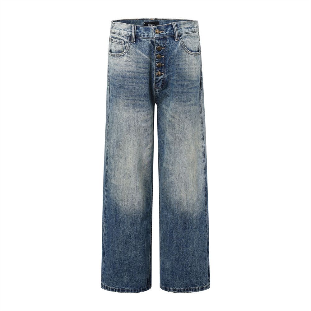 Gradient Washed Denim Straight Street Style Punk Vintage Loose Wide-Leg Long Button Front Casual Pants For Men_mkmklike.com