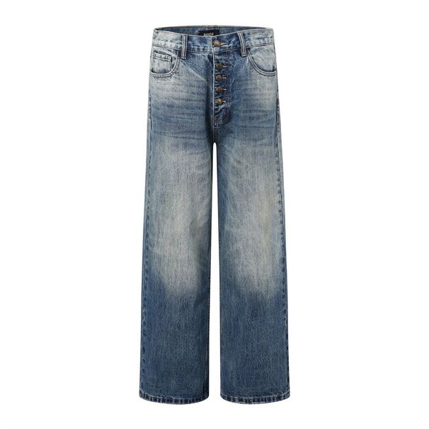 Gradient Washed Denim Straight Street Style Punk Vintage Loose Wide-Leg Long Button Front Casual Pants For Men_mkmklike.com