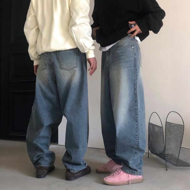 Men's Retro Washed Straight Wide Leg Pants Winter Warm Loose Fit Floor Length Korean Style Commuter Outfit_mkmklike.com