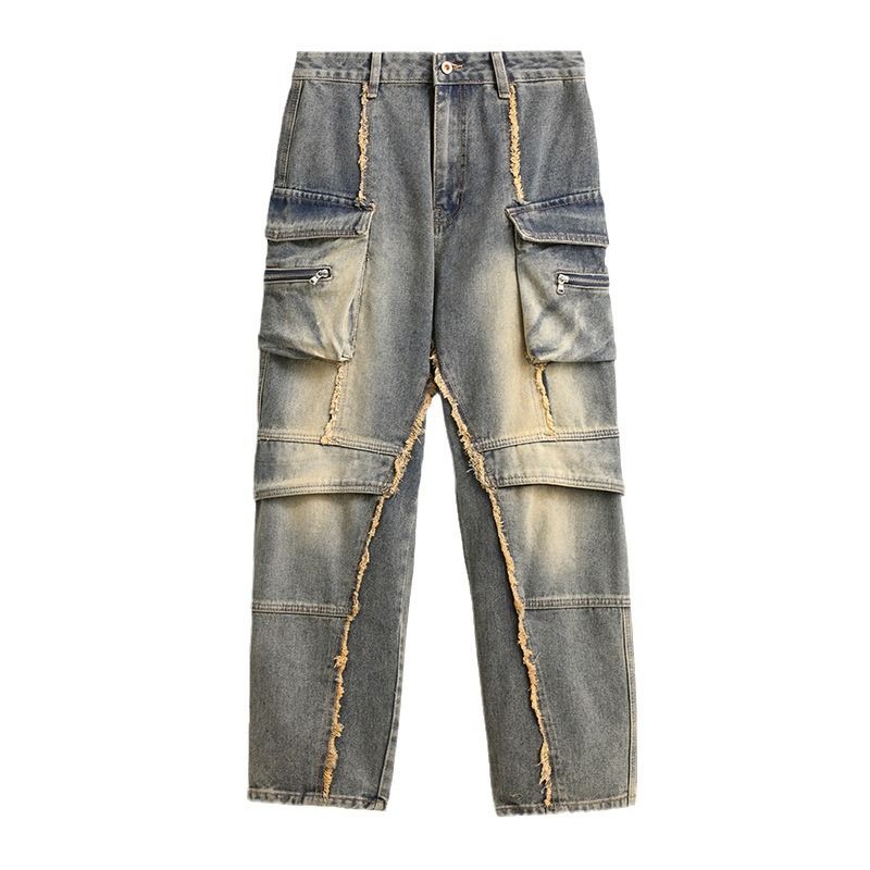 Men's Clothing Streetwear Men's Jeans Patchwork Multiple Pockets Trendy Loose Fit Long Jeans_mkmklike.com