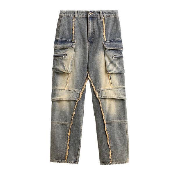 Men's Clothing Streetwear Men's Jeans Patchwork Multiple Pockets Trendy Loose Fit Long Jeans_mkmklike.com