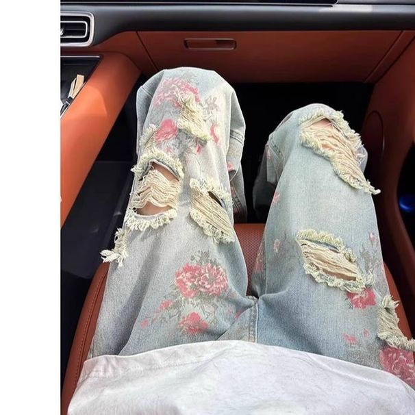 "Men's Streetwear Floral Distressed Jeans – Loose Straight Cut & Edgy Ripped Details (Bold Style, Summer Ready)"_mkmklike.com