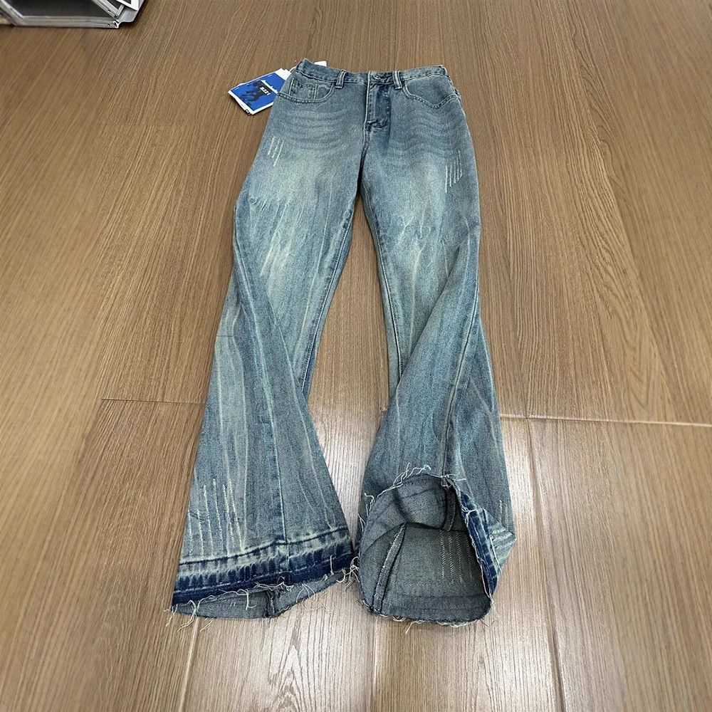 Men's Clothing Unisex Retro Blue Lightning Bolt Pattern Jeans Slimming Straight Leg With Slight Flare Clean Fit American High Street Style_mkmklike.com