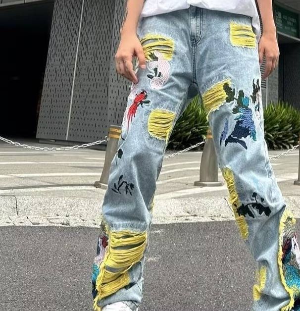 Heavy Duty Patchwork Straight Leg Jeans Street Style Embroidered High Waist Trendy Hip Hop Loose Fit For Men And Women_mkmklike.com