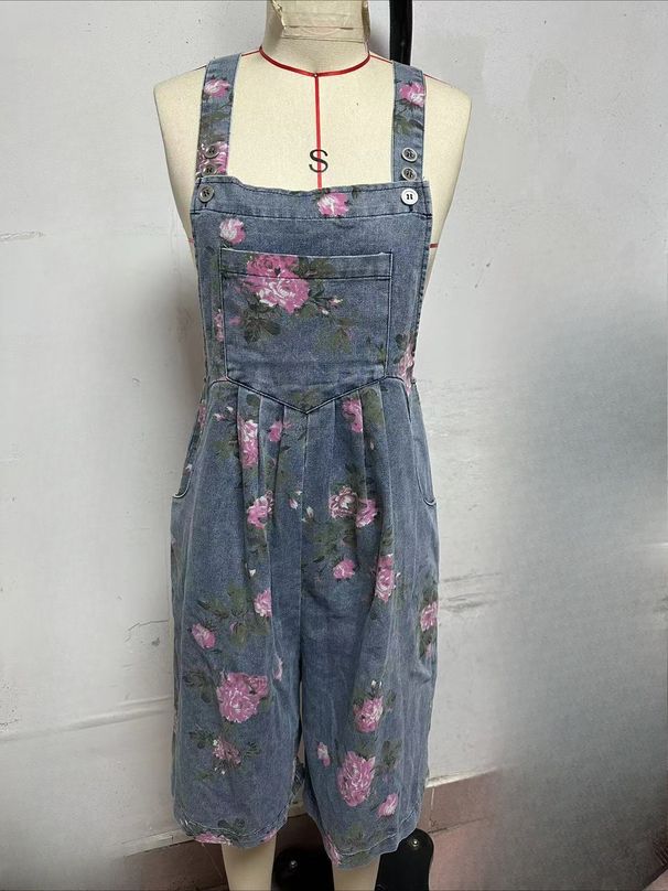 K New Retro Personalized Printed Jumpsuit, Fashionable Floral Denim Shorts_mkmklike.com