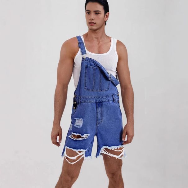 Men's Clothing Casual Fashion Ripped Denim Bib Shorts_mkmklike.com