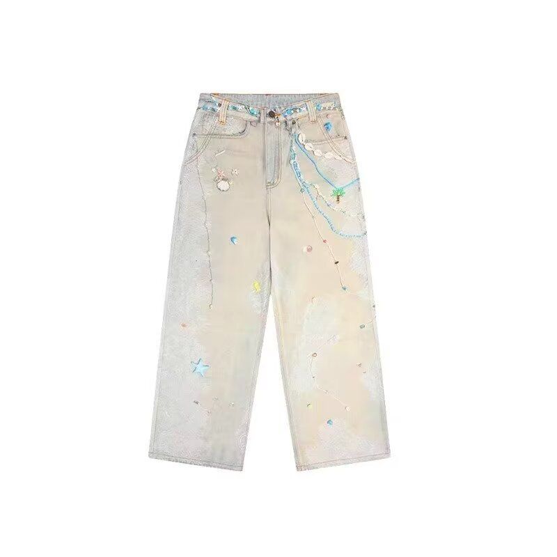 Heavy Chain Print Jeans For Women Summer American Style Design Hand-painted Straight-leg Floor-length Pants Apricot_mkmklike.com