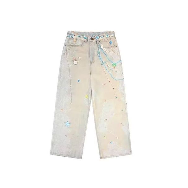 Heavy Chain Print Jeans For Women Summer American Style Design Hand-painted Straight-leg Floor-length Pants Apricot_mkmklike.com