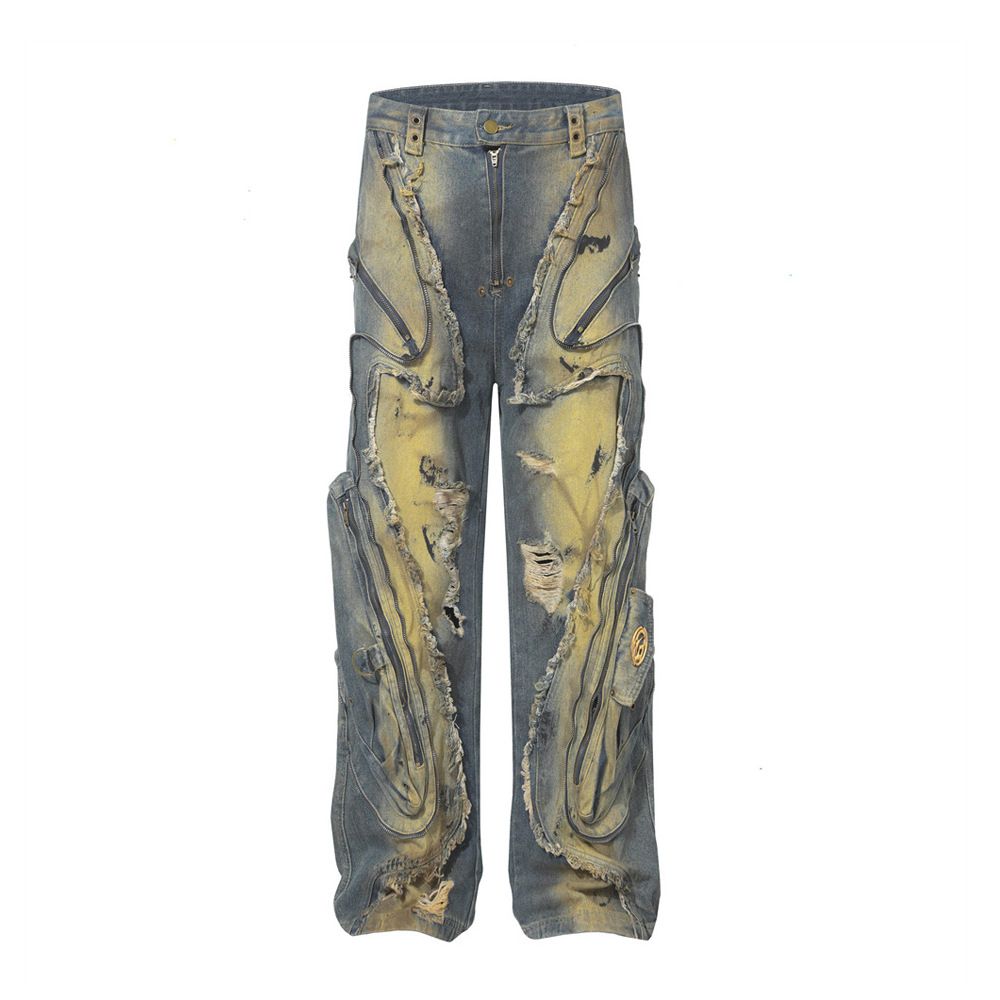 Heavy-duty Patchwork Zipper Design Sense Denim Straight-leg Men's Punk Washed Vintage Dirty Waste Land Workwear Pants_mkmklike.com