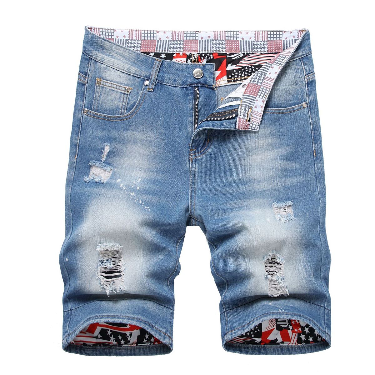 Men's Distressed Denim Shorts Straight Leg Mid Rise Knee-Length Ripped Jean Shorts For Men, Vintage Washed Casual Cargo Shorts_mkmklike.com