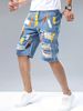 Men's Denim Shorts With Holes, Randomly Painted Men's Mid Length Shorts, Multi Craft Shorts, Straight Leg Worn-out Men's Pants_mkmklike.com