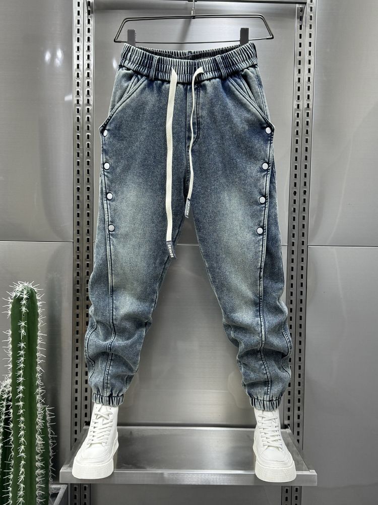 Men's Vintage Washed Blue Jeans – Relaxed Fit Cargo Pants With Button Accents & Mid-Rise Waist (90s Streetwear Revival)_mkmklike.com