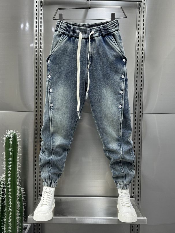 Men's Vintage Washed Blue Jeans – Relaxed Fit Cargo Pants With Button Accents & Mid-Rise Waist (90s Streetwear Revival)_mkmklike.com