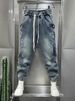 Men's Vintage Washed Blue Jeans – Relaxed Fit Cargo Pants With Button Accents & Mid-Rise Waist (90s Streetwear Revival)_mkmklike.com