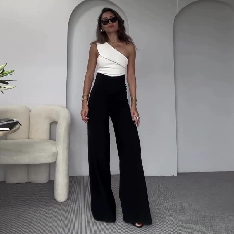 Women's Clothing fashion solid color oblique collar slim fit top high waist wide leg pants suit_mkmklike.com