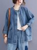 K Large Pocket Artistic Denim Jacket For Women, Loose New Style, Vintage Short Style, Plus Size Denim Jacket_mkmklike.com