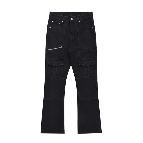 American Street Fashion Micro Flared Jeans Men's Design Sense Multi Pocket Deconstructed Patchwork Trendy Loose Wide Leg_mkmklike.com