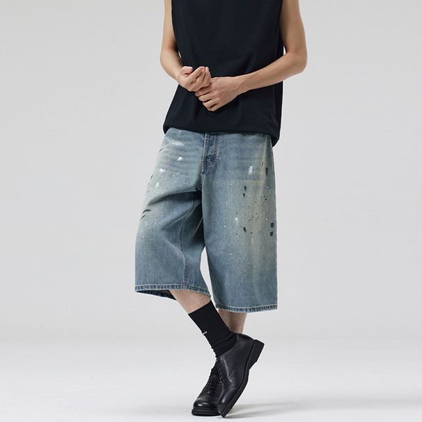Men's Clothing Men's Wear Summer American Retro Graffiti Ink Splashed Seven Point Jeans Men's And Women's Trendy Silhouette Casual Shorts_mkmklike.com