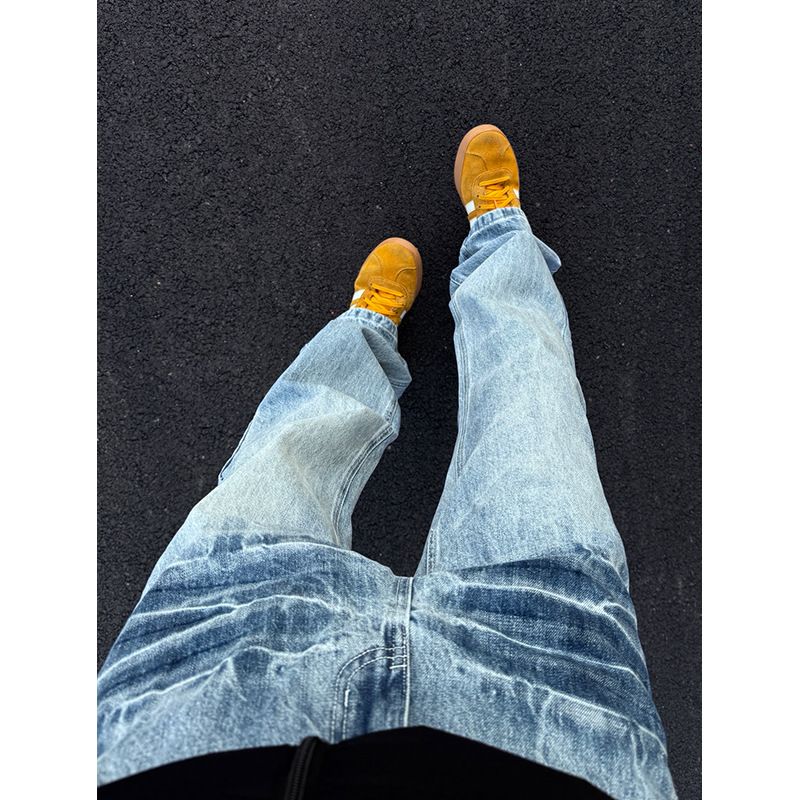 Men's Clothing Light Blue Lightning Pattern Jeans High Street Vibe Pants Washed Flared Scimitar Pants_mkmklike.com
