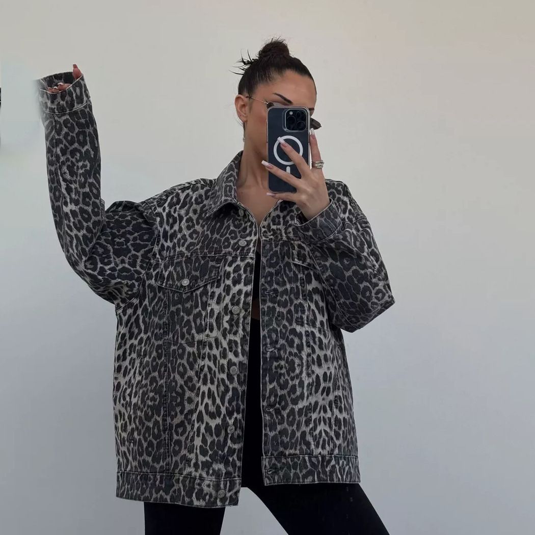 Women's Clothing Vintage American Retro Leopard Print Denim Jacket - Oversized Loose Fit Fashion Coat For Women & Men_mkmklike.com