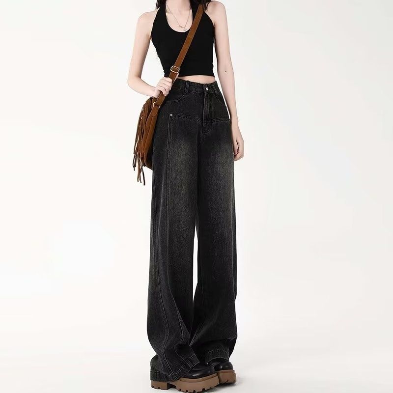 Washed Distressed Petite Women's Jeans, Loose Long Summer High-waisted Wide-leg Pants, Slimming Trendy Pants_mkmklike.com