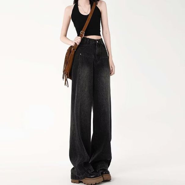 Washed Distressed Petite Women's Jeans, Loose Long Summer High-waisted Wide-leg Pants, Slimming Trendy Pants_mkmklike.com