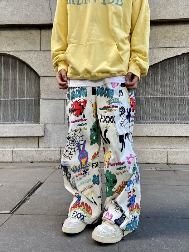 Unisex Clothing retro hand painted color graffiti straight casual pants wide leg overalls ins_mkmklike.com