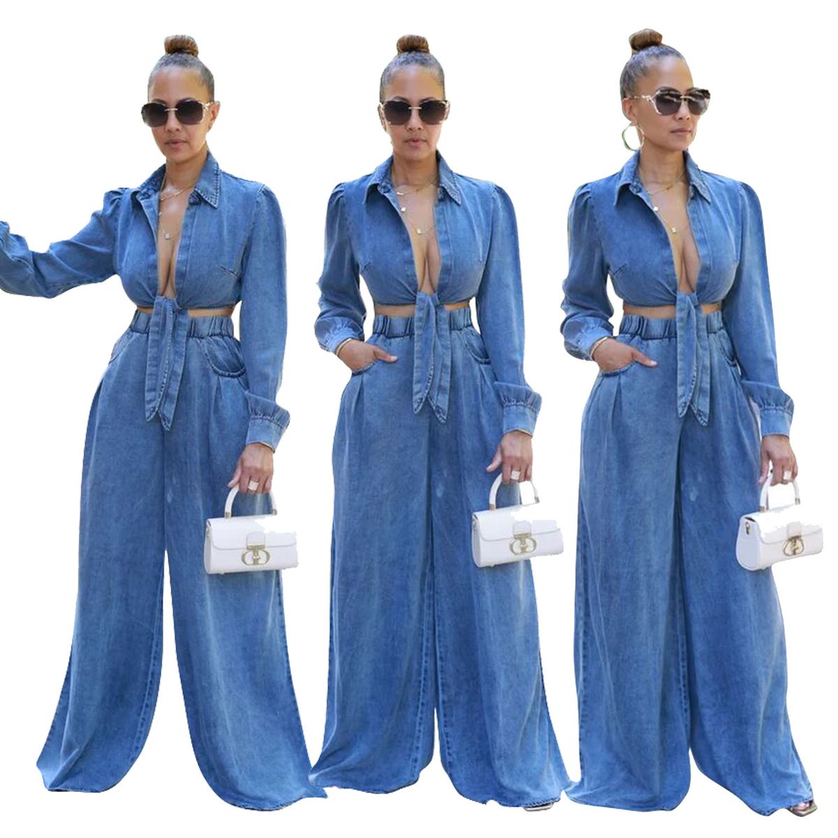 Women’s Clothing New Women's Casual Wide Leg Pants Denim Suit_mkmklike.com