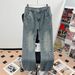 Blue Semi Elastic Waist Monkey Jeans High Street Washed And Distressed Casual Trousers Straight Leg for Men_mkmklike.com