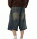 Summer Style Men's Loose Fit Denim Shorts Distressed Wash 5 Point Street Fashion Simple Design_mkmklike.com