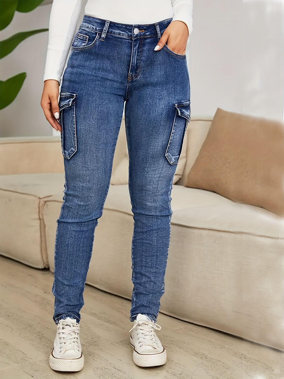Distressed High-Waist Jeans With Side Pockets – Stretch Denim Skinny Pants For Women (S-2XL, Dark Blue/Light Blue)_mkmklike.com