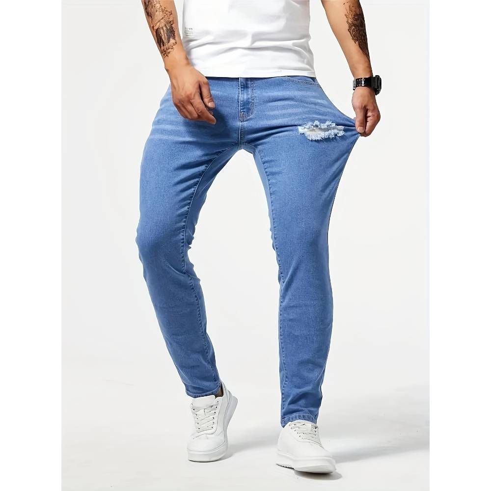 Men's Clothing Stretch Pants Slim Blue Denim Pants Slim Fit Blue Distressed Skinny Jeans - Stretch Denim Pants With Washed Finish For Casual Wear_mkmklike.com