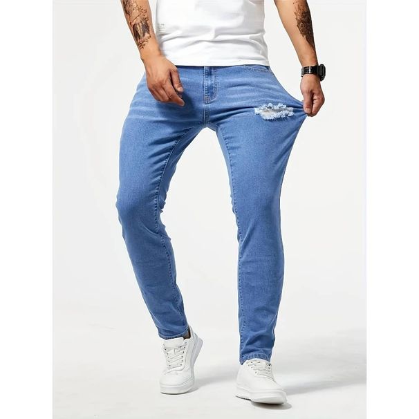 Men's Clothing Stretch Pants Slim Blue Denim Pants Slim Fit Blue Distressed Skinny Jeans - Stretch Denim Pants With Washed Finish For Casual Wear_mkmklike.com