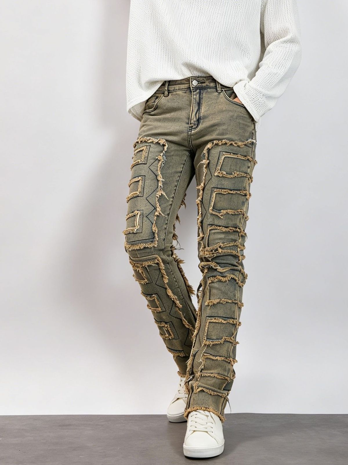 Men's White Stretch Slim Fit Jeans With Raw Hem & Patch Details - Urban Streetwear Denim Pants_mkmklike.com
