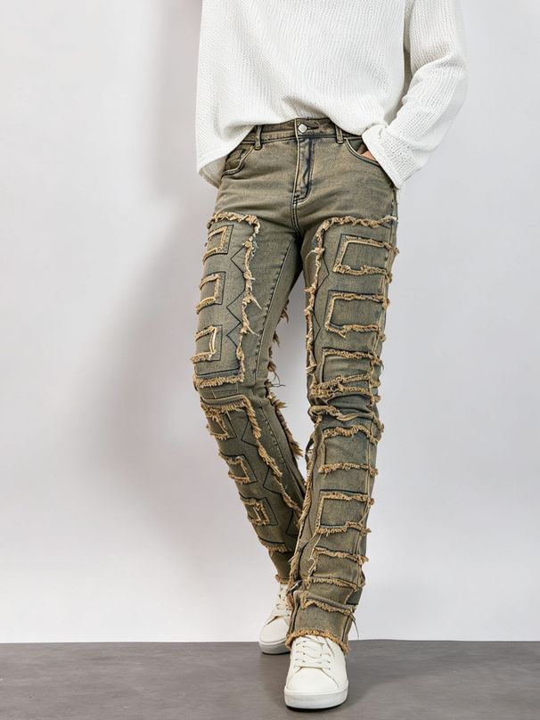 Men's White Stretch Slim Fit Jeans With Raw Hem & Patch Details - Urban Streetwear Denim Pants_mkmklike.com