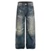 Men's Vintage Washed Distressed Patchwork Denim Jeans - Straight Leg Relaxed Fit With Ripped Details & Cat Whiskers (Blue, S-3xl)_mkmklike.com