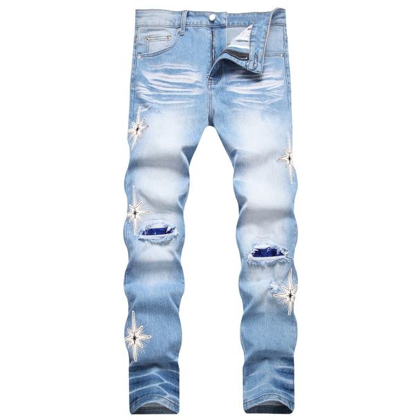 Spot Jeans Men's Light Color Slim Fit Skinny Jeans Embroidered Distressed Sequined Patch Work Casual Denim Pants_mkmklike.com