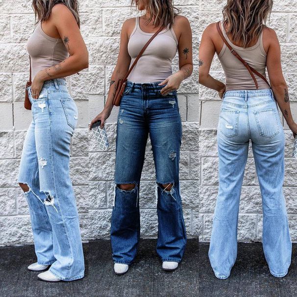 Women's Clothing Ripped High Waist Retro Slim Denim Mini Flared Pants_mkmklike.com
