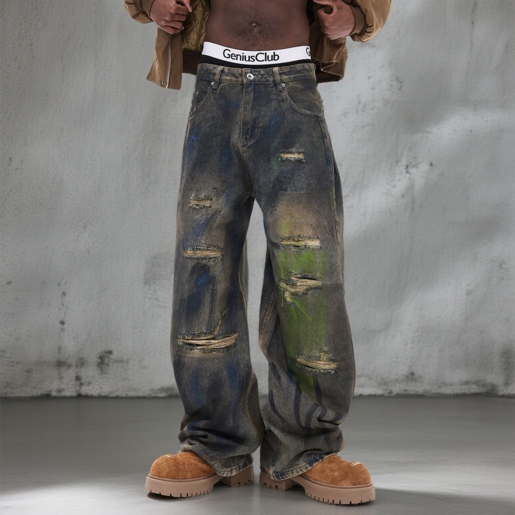 Men’s Loose Fit Straight Leg Jeans – Blue-Green Washed Graffiti Denim With Distressed Details_mkmklike.com