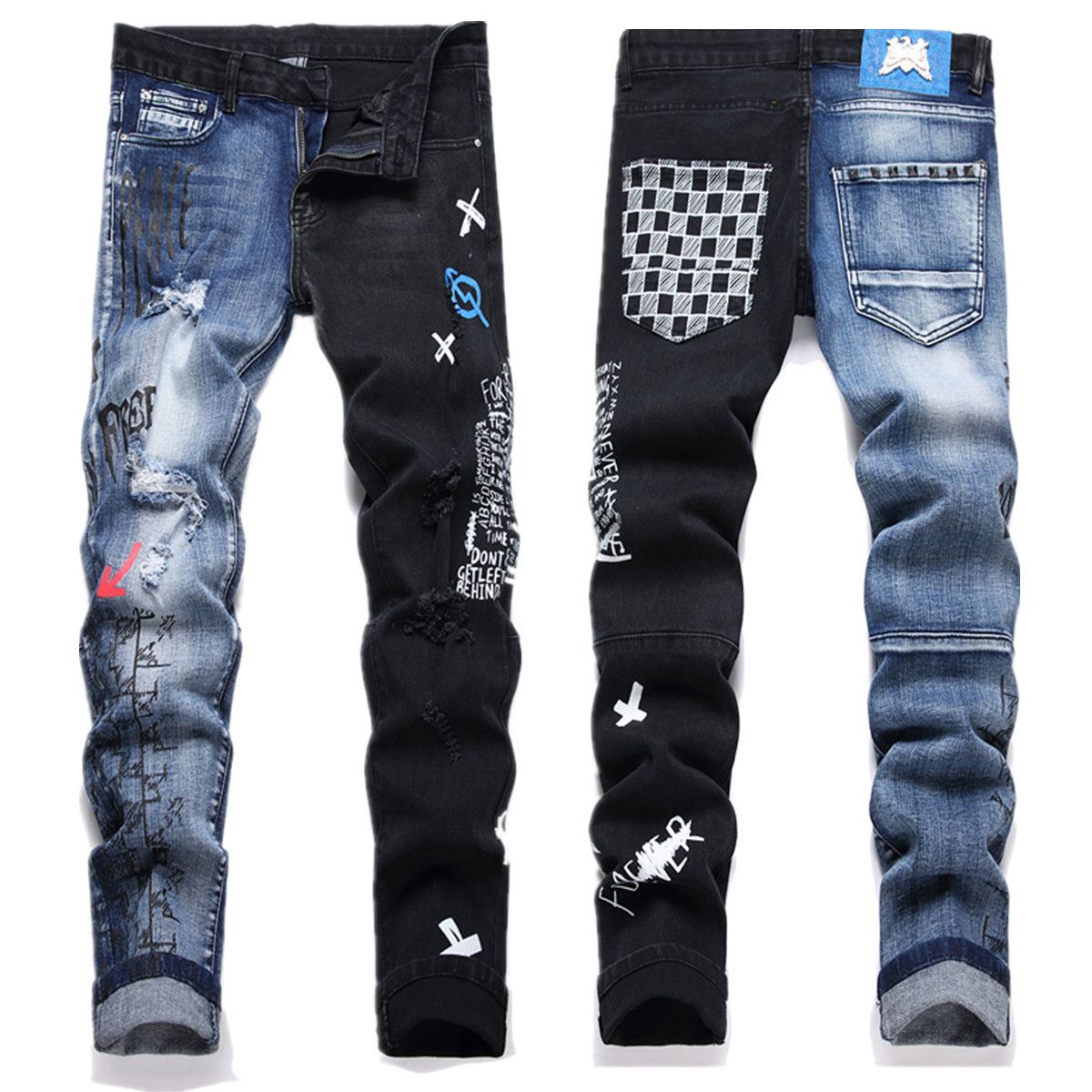 High Street Youth Slim Fit Yin-yang Color Letter Printed Elastic Perforated Small Leg Jeans_mkmklike.com