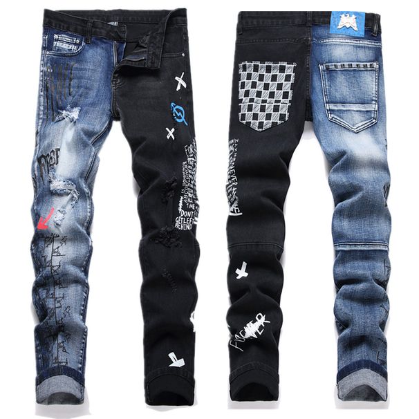 High Street Youth Slim Fit Yin-yang Color Letter Printed Elastic Perforated Small Leg Jeans_mkmklike.com