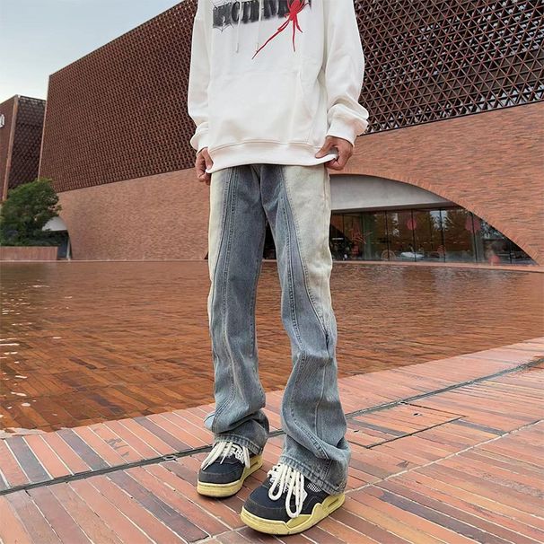 Nordmann American Retro Jeans For Men, Patchwork Color Block Workwear, Trendy Loose Straight-Leg Cool Versatile Casual Long_mkmklike.com