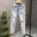 Ripped Slim-fit Jeans Men's Summer Washed Blue Nine-point Pants Men's Trendy Brand Ruffian Handsome Pants_mkmklike.com
