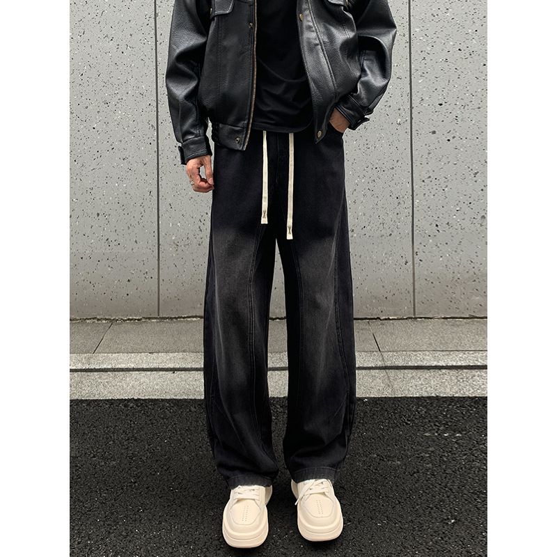 Vintage American-style Autumn Streetwear Washed Patchwork Curved Hem Jeans For Men And Women, Loose Fit, Plus Size,_mkmklike.com